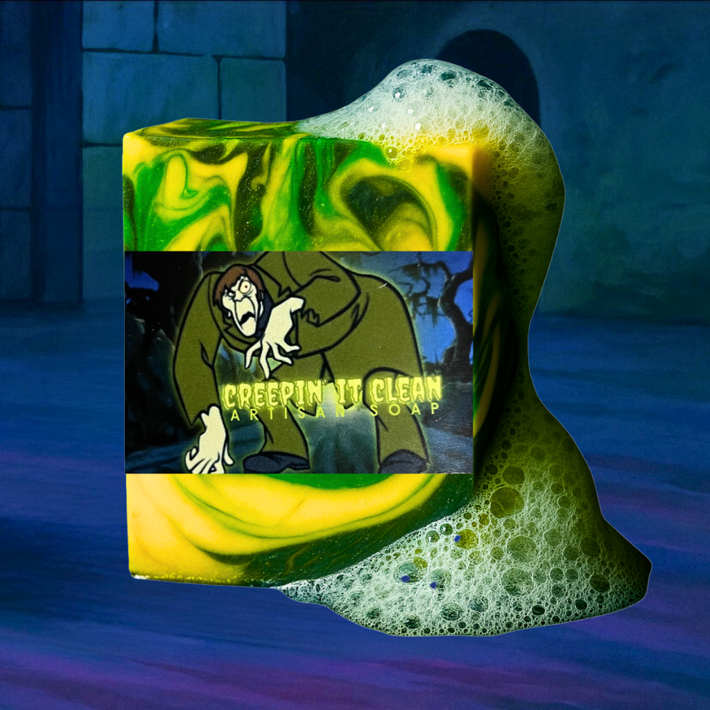 Neon Creeper soap inspired by Scooby-Doo villain, glowing green under blacklight with mossy forest scent.