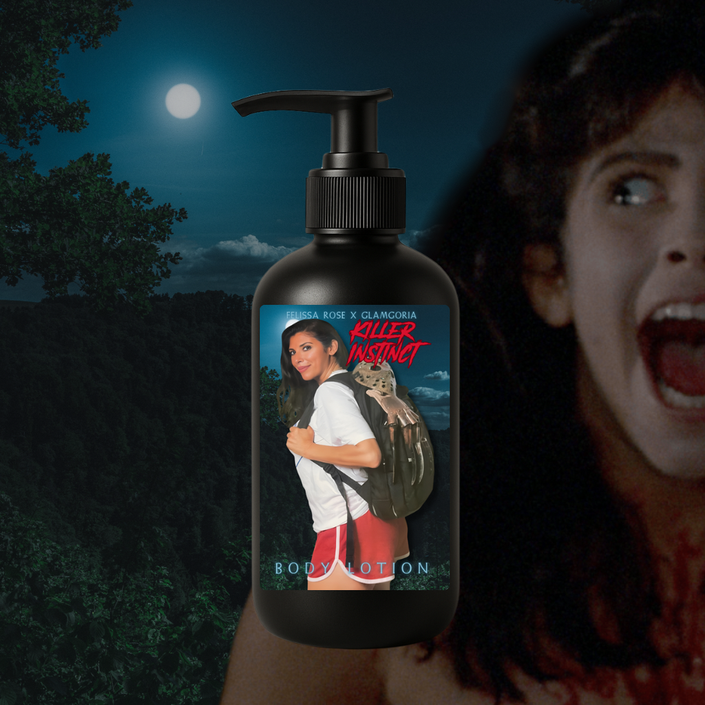 Black pump bottle labeled “Killer Instinct Body Lotion,” featuring Felissa Rose in red shorts and a white tee, holding a horror-themed backpack. Background shows a forest under a full moon. Product by Glamgoria.