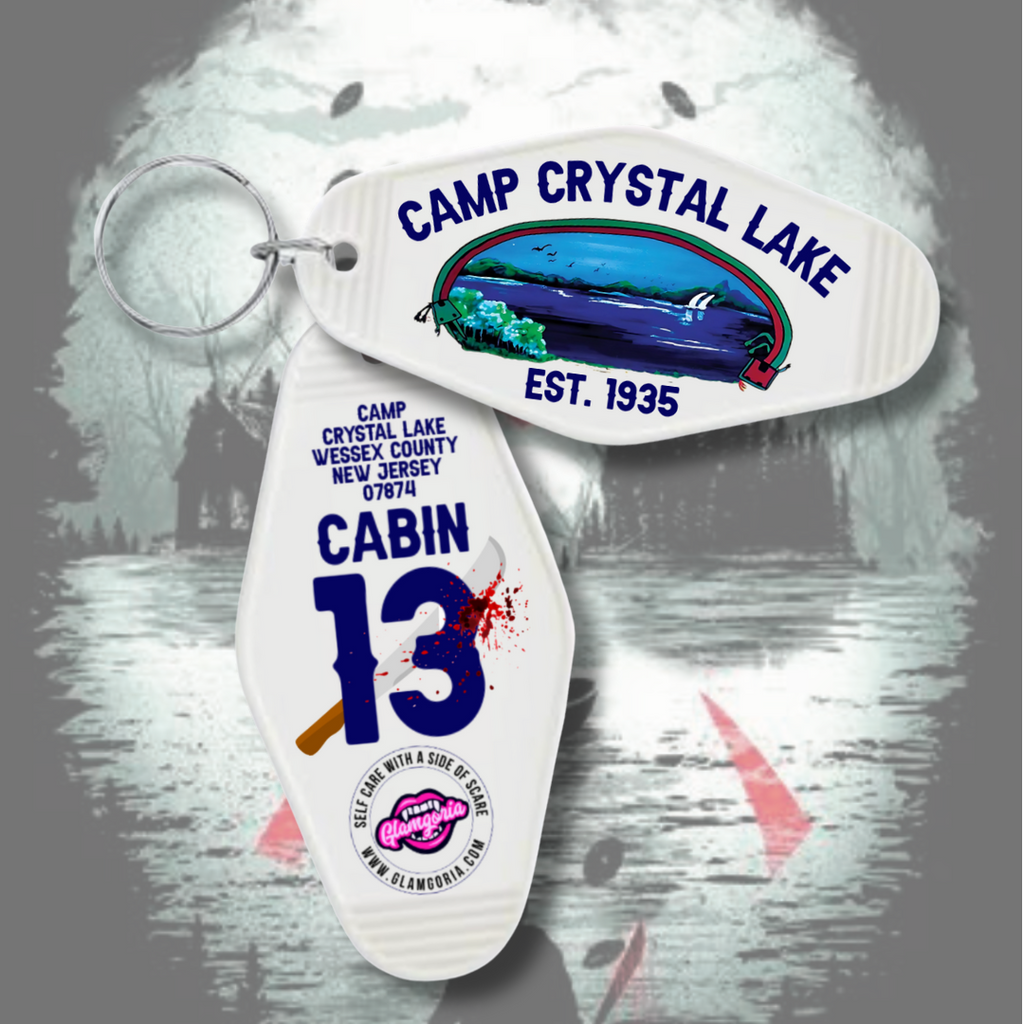 Camp Crystal Lake Cabin 13 retro motel keychain with lake scene and bloody machete design. Inspired by Friday the 13th horror movie, perfect for slasher fans and spooky gifts.