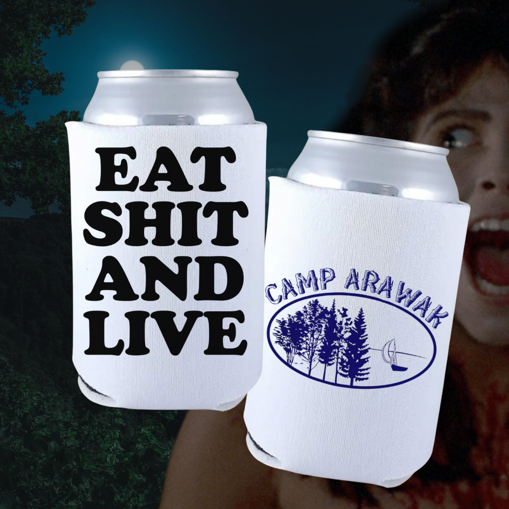 Sassy and spooky! This Camp Arawak can cooler from Sleepaway Camp features the quote “Eat Sh*t and Live” and vintage camp logo.