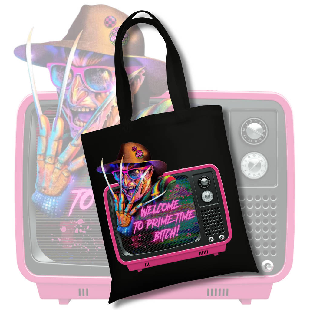 Black tote bag featuring Freddy Krueger in neon ‘80s style with sunglasses and claws, emerging from a retro pink TV. The screen reads “Welcome to Prime Time Bitch!”