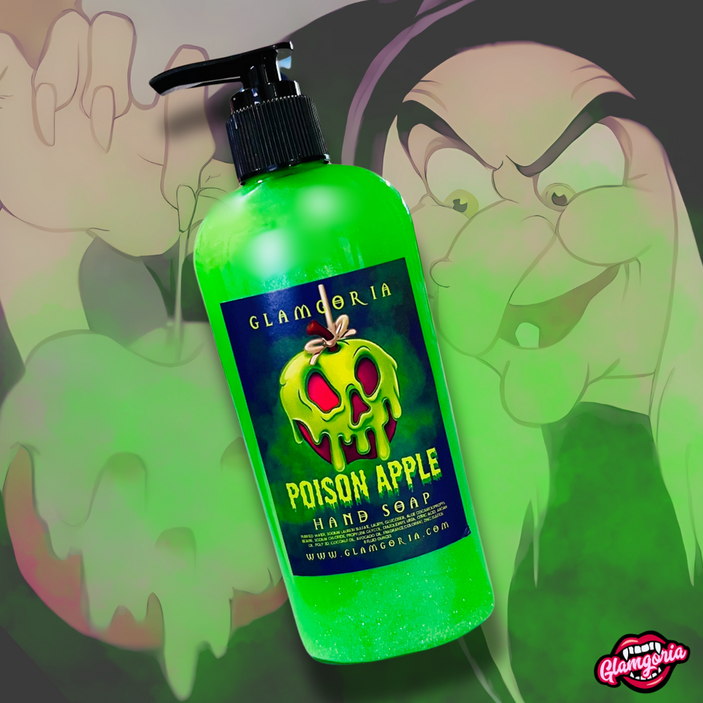 
An image of a green bottle of hand soap with a black pump labeled “Glamgoria Poison Apple Hand Soap.” The bottle is vibrant green with shimmering flecks inside, evoking a magical, enchanting vibe. The label features a sinister-looking, dripping green apple with a skull face, reminiscent of the poisoned apple from Snow White. In the background, there is an illustration of the Evil Queen in her old hag form, holding a poisoned apple, enhancing the dark fairytale theme.