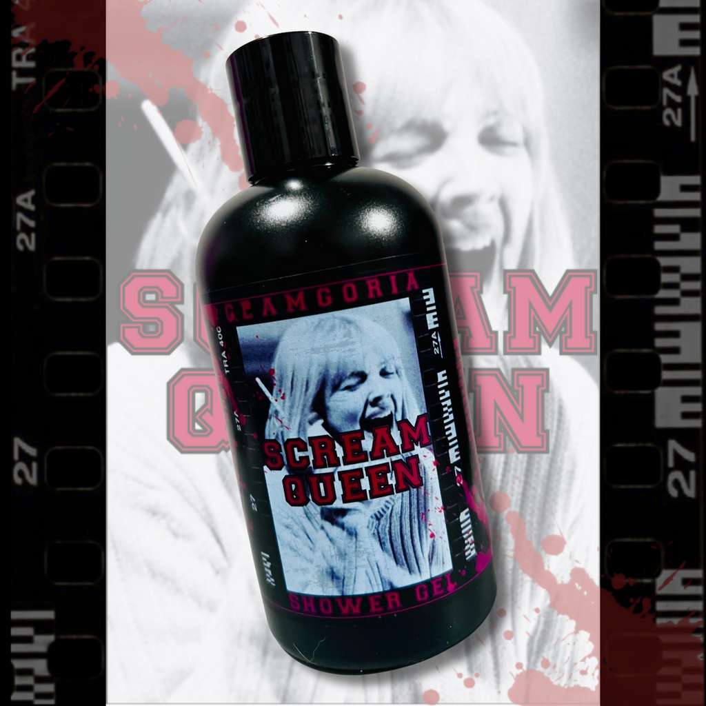 Black bottle of Glamgoria’s Scream Queen Shower Gel with a retro horror label featuring a screaming woman, styled with splattered red accents and film reel details.