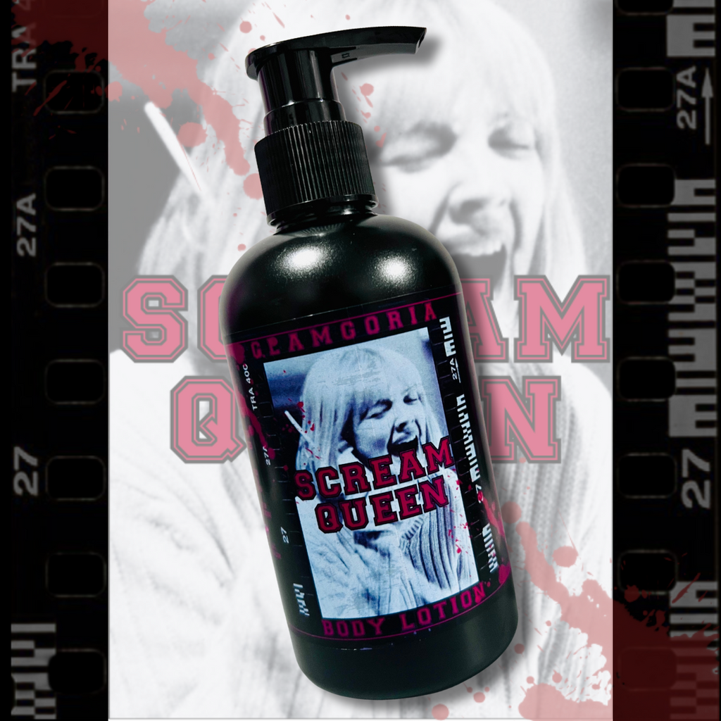 Black pump bottle of Glamgoria’s Scream Queen Body Lotion with a blood-splattered label featuring a screaming woman, set against a horror film reel design.