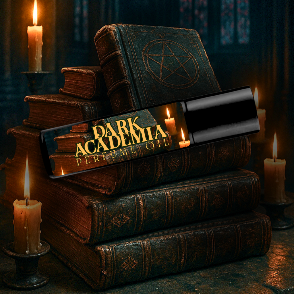Dark Academia perfume oil in a sleek black bottle with a gothic library design, evoking the scent of old books and sandalwood.