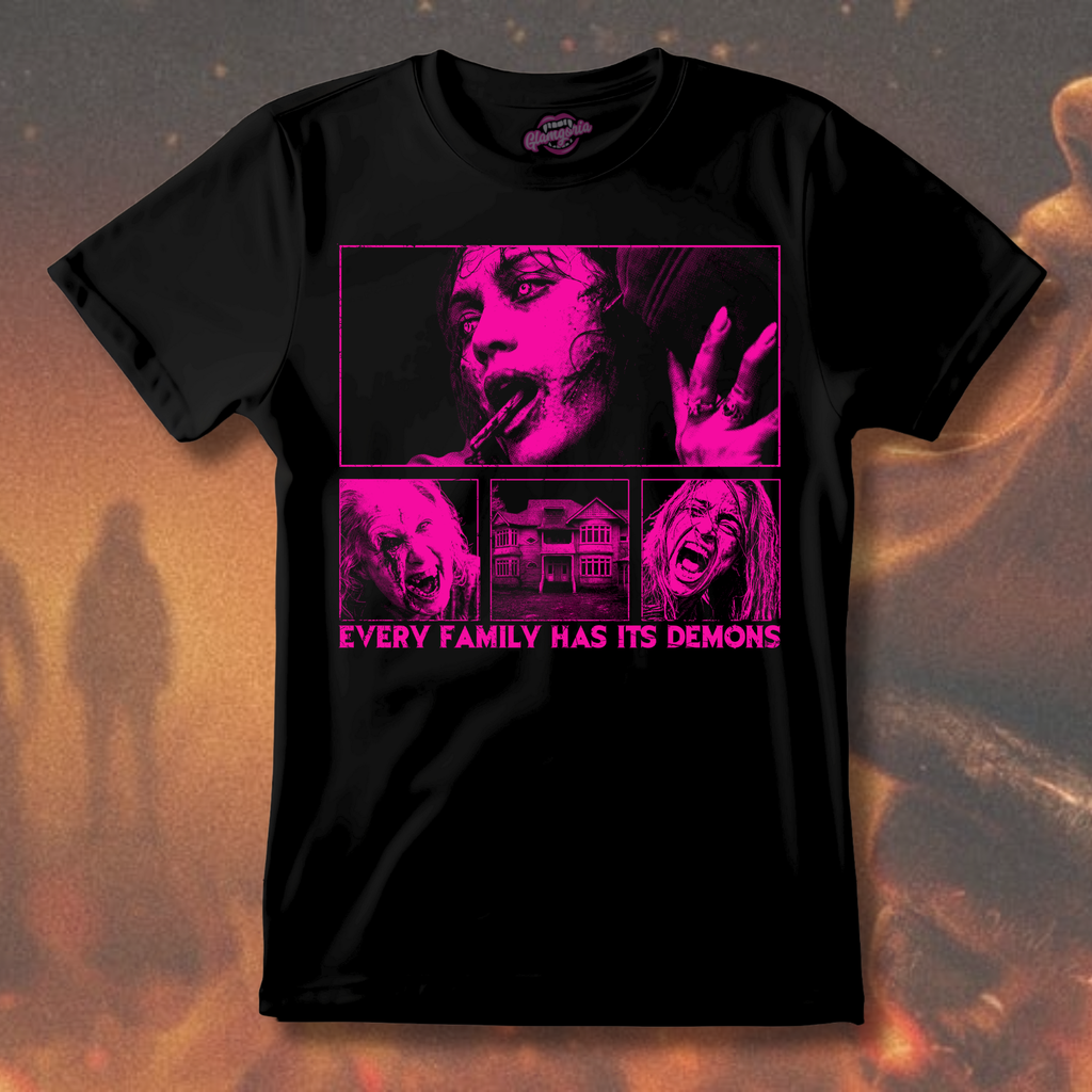 Every Family Has Its Demons Evil Dead Burn T-Shirt -  Pink Neon Nightmare Variant