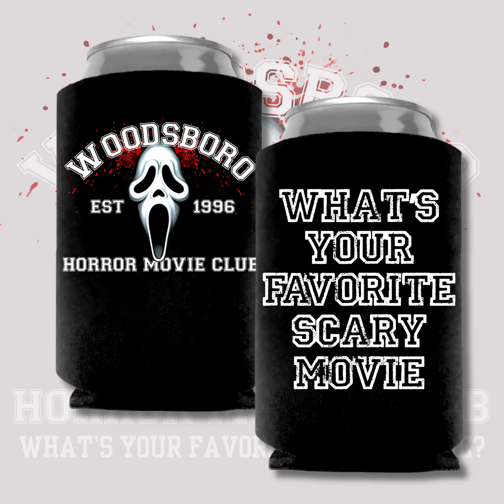 Black can cooler with the Woodsboro Horror Movie Club logo featuring Ghostface on one side and the quote “What’s your favorite scary movie?” on the other in distressed white text.