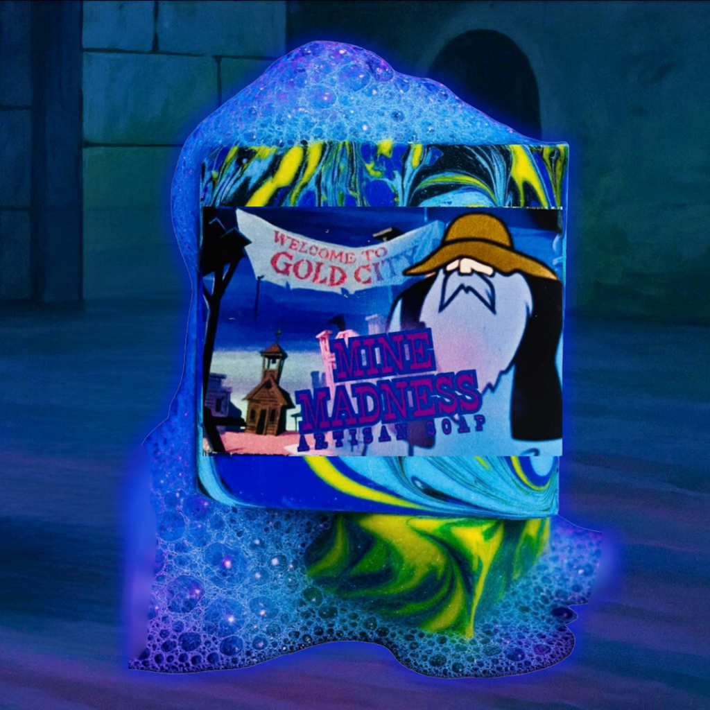 Miner 49er soap bar glowing under blacklight, Scooby-Doo inspired with earthy scent.