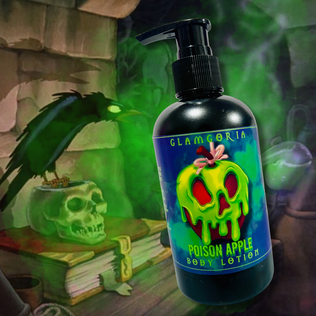 black pump bottle with glowing poison apple skull label by Glamgoria