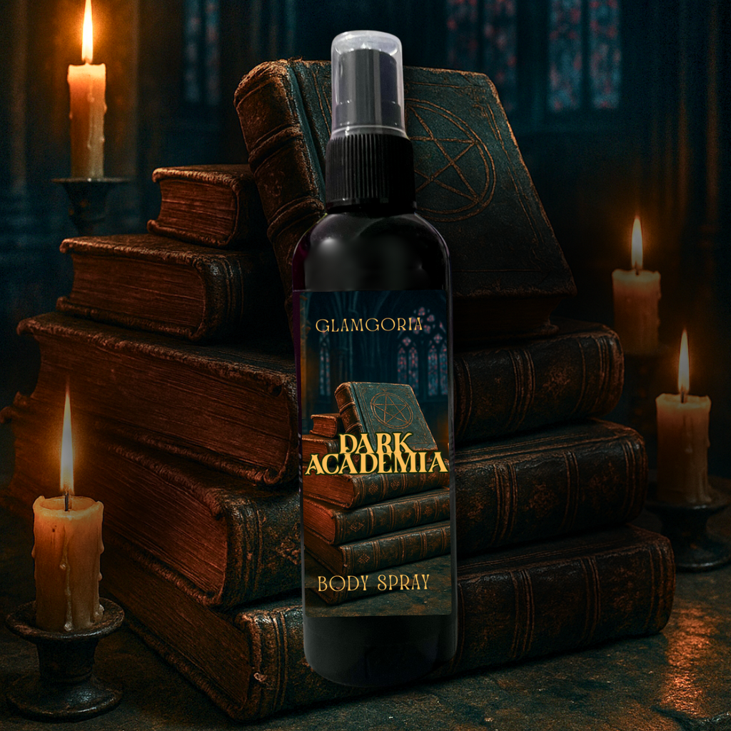 Dark Academia body spray bottle styled with candlelight and antique books, representing the fragrance of cedar, leather, and patchouli.