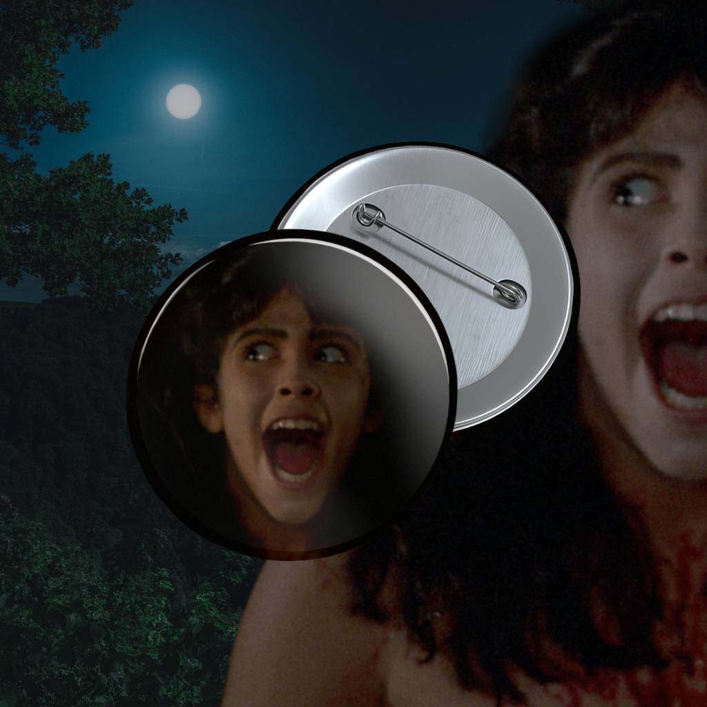 Pinback button featuring Angela’s screaming face from the final scene of Sleepaway Camp.