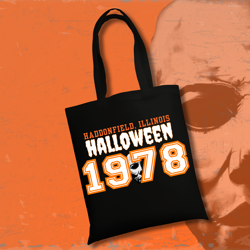 Black tote bag with “Haddonfield Halloween 1978” horror-inspired design.