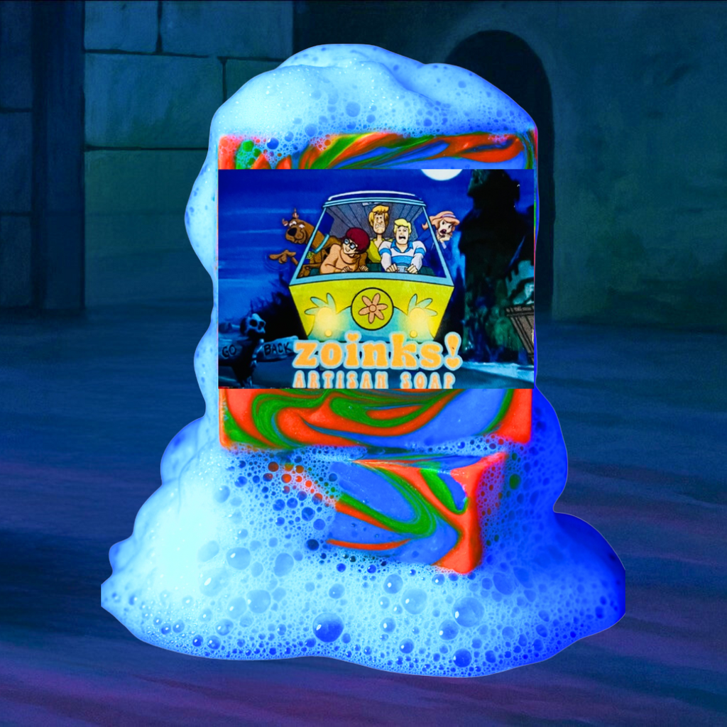 Mystery Machine neon soap bar inspired by Scooby-Doo, glowing under blacklight with citrus tropical scent.