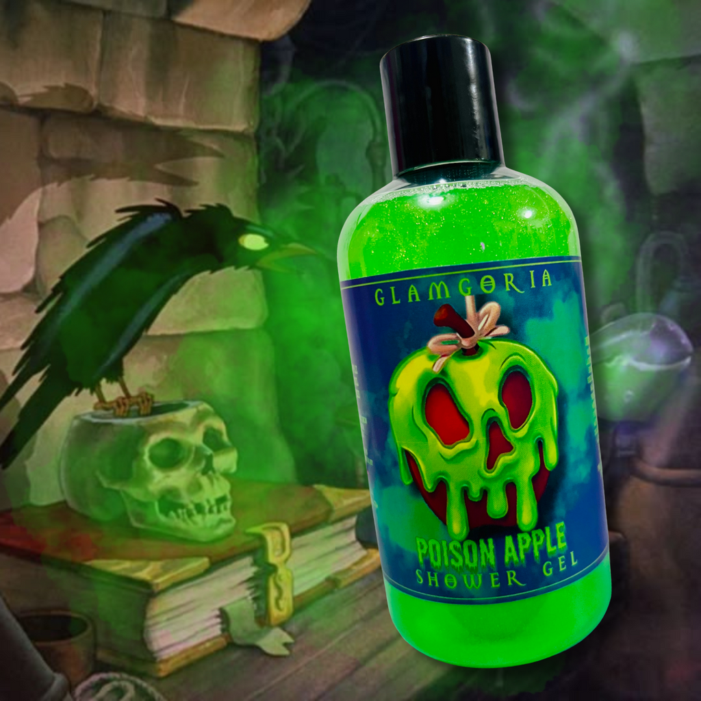 neon green spooky shower gel with poison apple label by Glamgoria