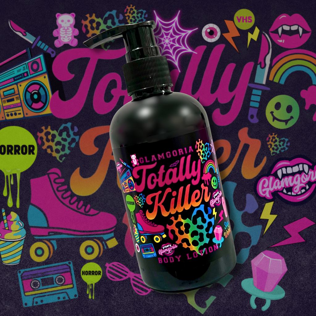 Black pump bottle of Glamgoria Totally Killer Body Lotion with colorful horror-themed label design. Features peony, passion fruit, and blood orange fragrance.