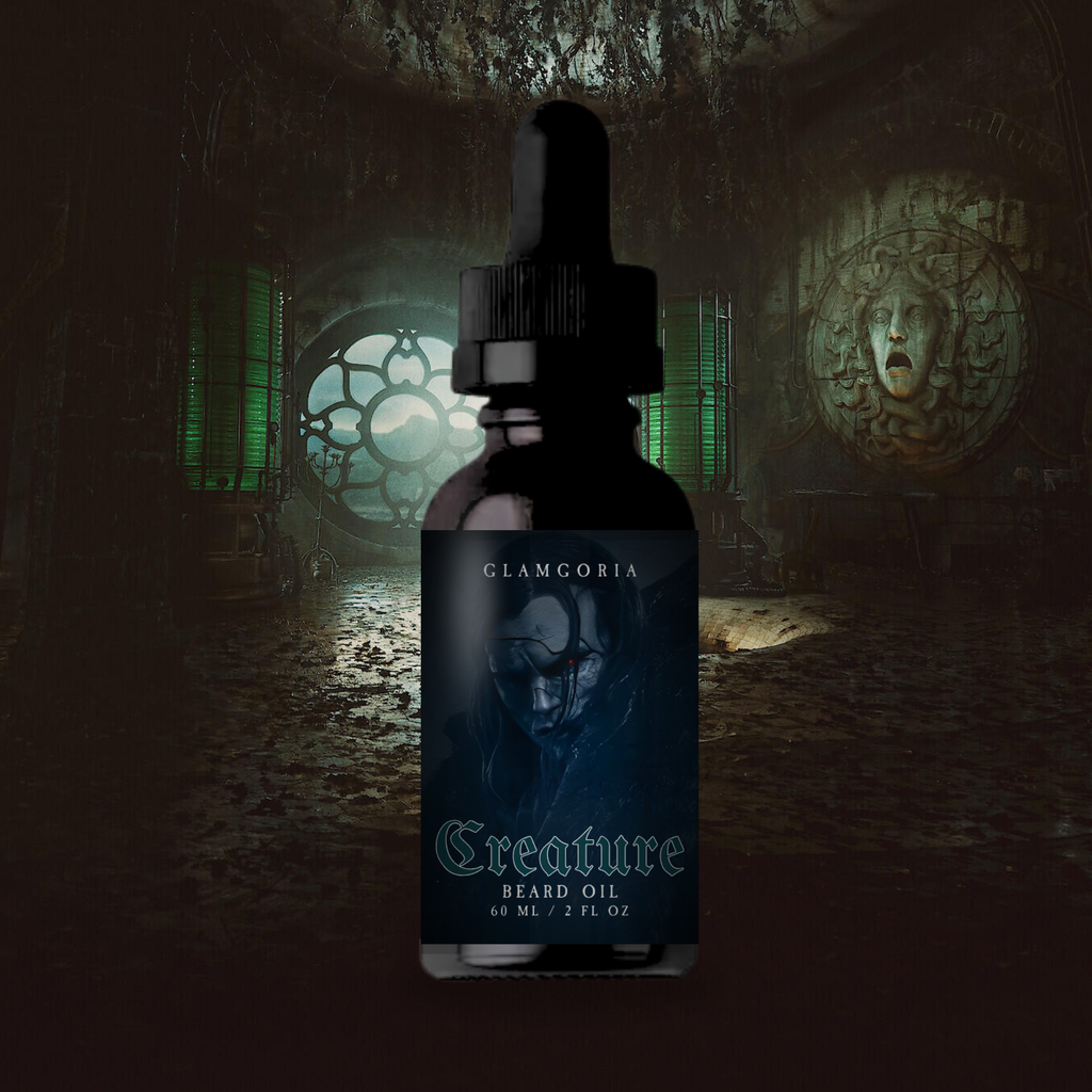 Creature body care products by Glamgoria with dark gothic labels, styled in a shadowy cathedral-like setting inspired by gothic monster romance.