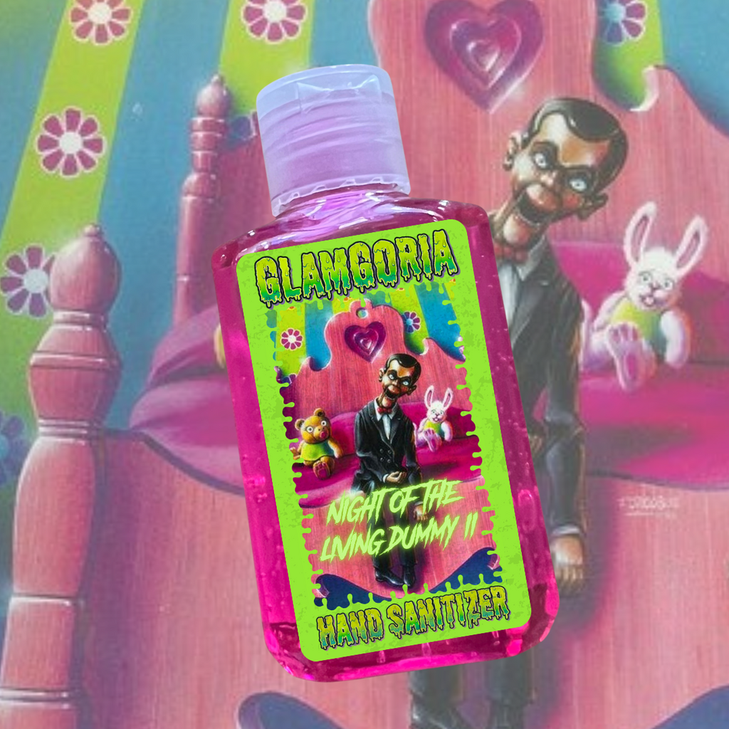Pink Glamgoria hand sanitizer labeled “Night of the Living Dummy II,” featuring Slappy among toy animals in a child’s bedroom.
