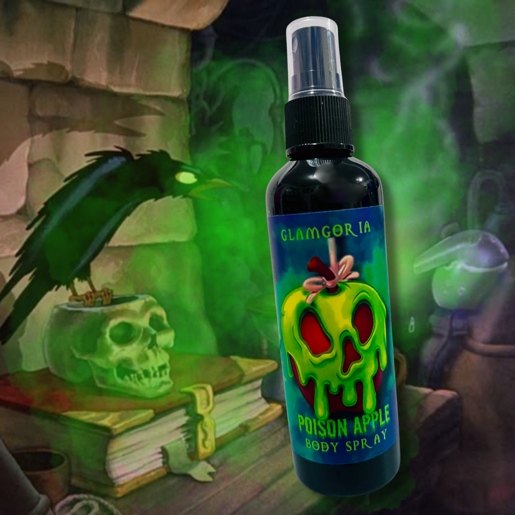 gothic body spray bottle with poison apple dripping skull design by Glamgoria