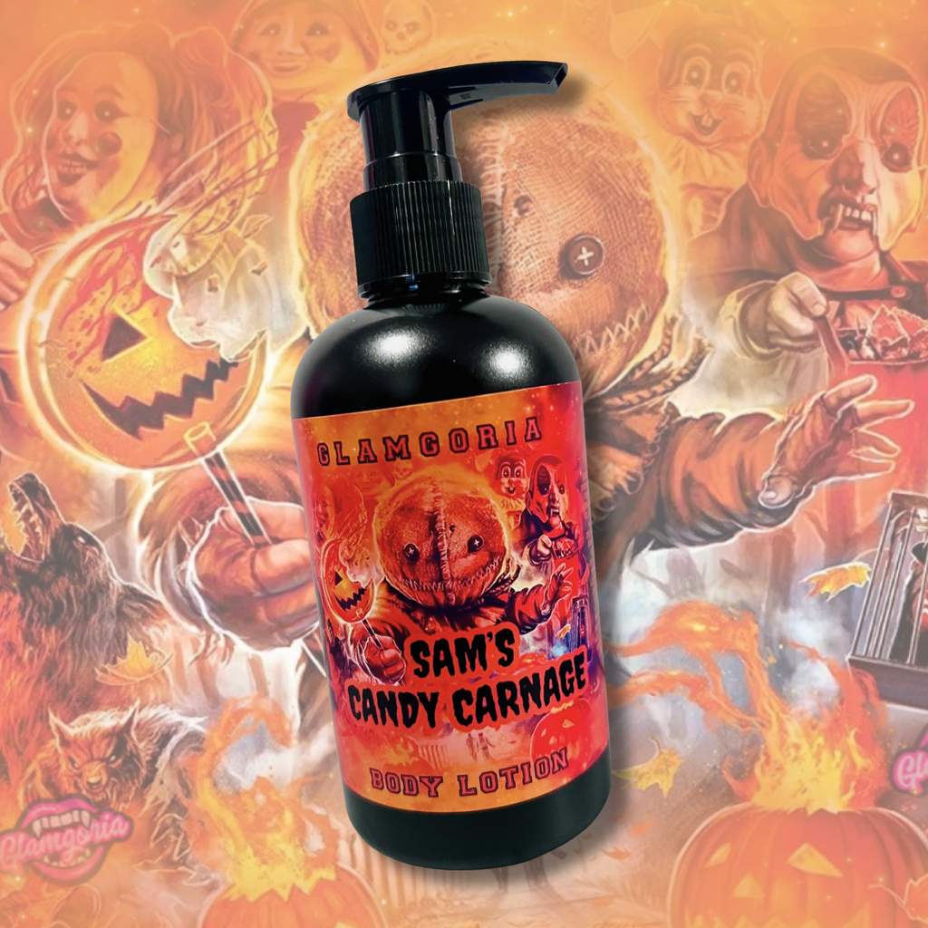 Pump bottle of Glamgoria’s Sam’s Candy Carnage Body Lotion with Halloween horror-themed label and bright orange design.