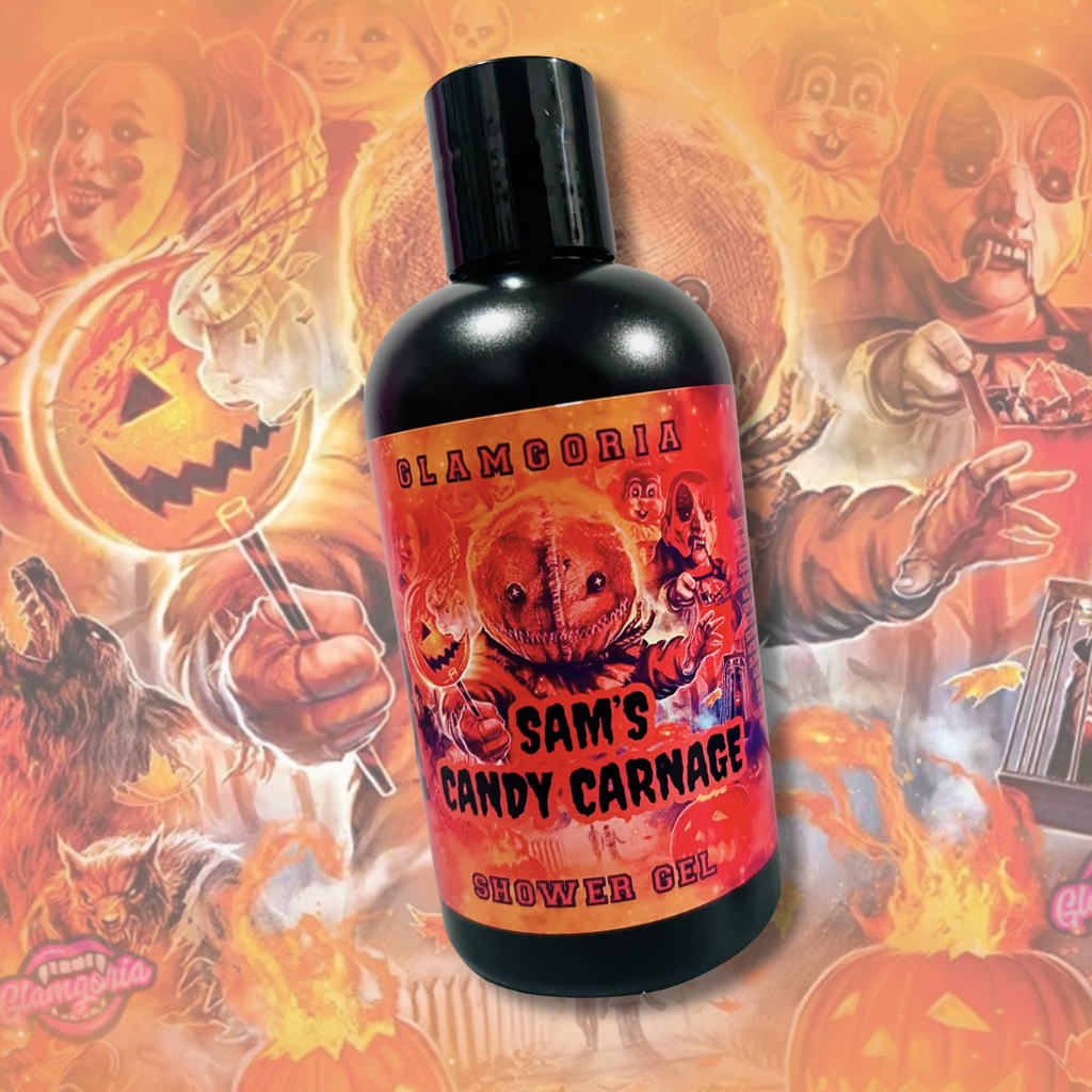 Bottle of Glamgoria’s Sam’s Candy Carnage Shower Gel with Trick ’r Treat-inspired Halloween label featuring Sam and jack-o’-lanterns.