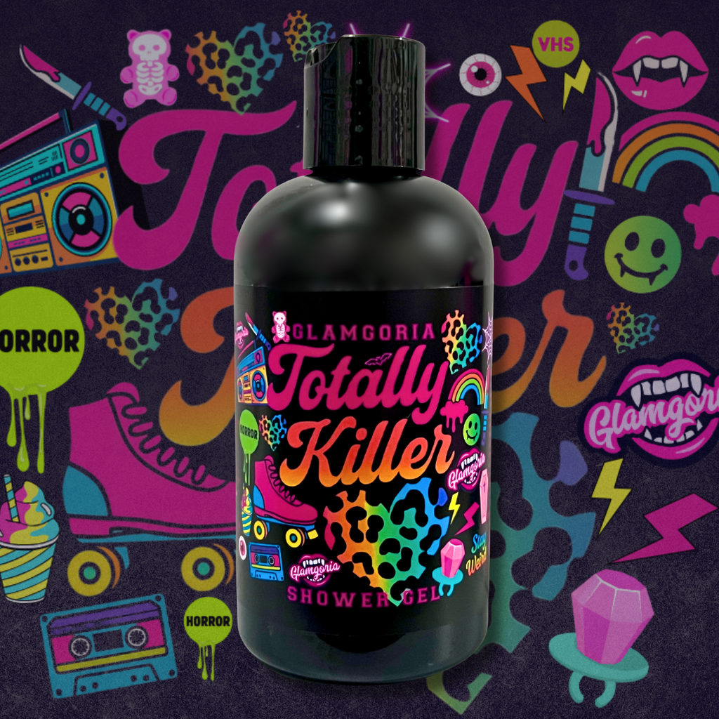 Black bottle of Glamgoria Totally Killer Shower Gel with neon sticker-style label, featuring roller skates, leopard print, cassette tapes, and rainbows. Scented with peony, passion fruit, and blood orange.