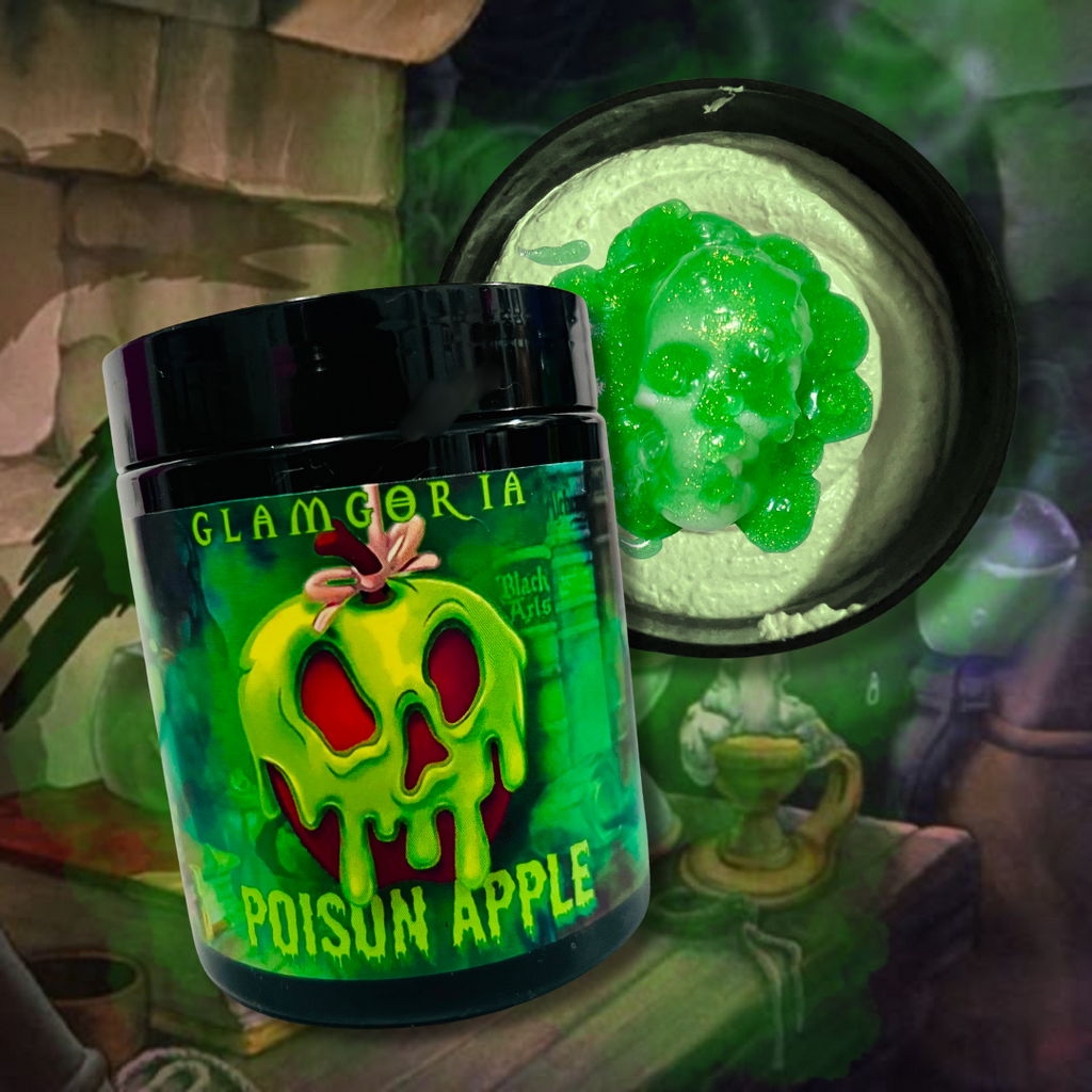 Poison Apple Whipped Scrub – whipped body scrub topped with a green glitter skull soap, poison apple label by Glamgoria