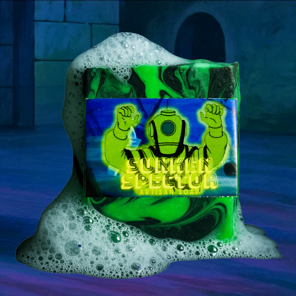 Ghost of Captain Cutler soap bar glowing neon under blacklight, ocean-inspired Scooby-Doo villain soap.