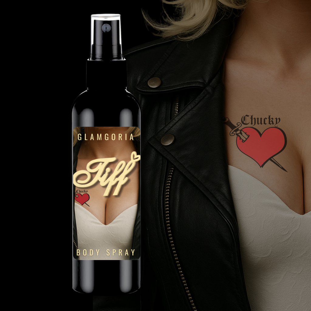 Tiff body spray bottle with label inspired by Tiffany Valentine—black leather, cleavage, and heart tattoo detail.
