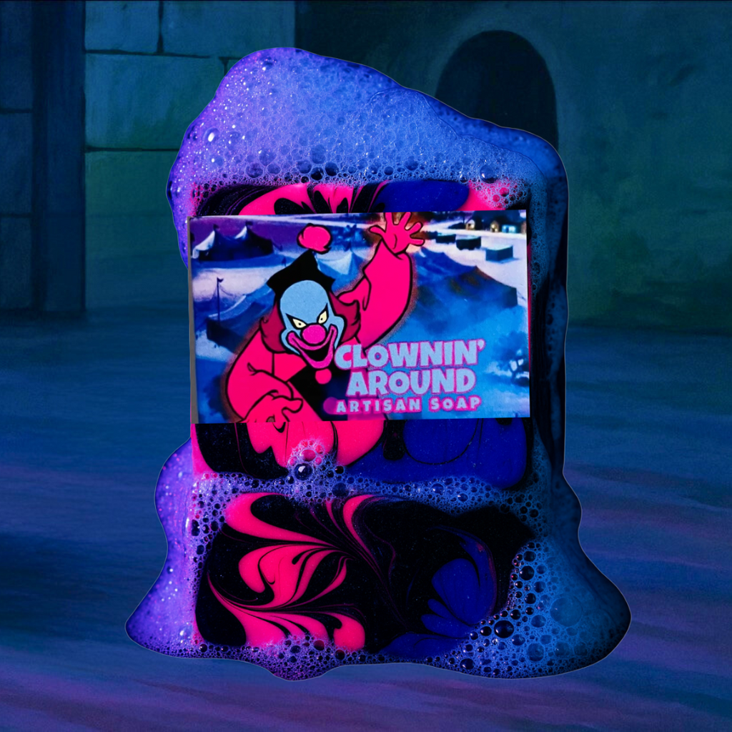 Neon Ghost Clown soap bar inspired by Scooby-Doo villain, glowing under blacklight with circus-themed colors.