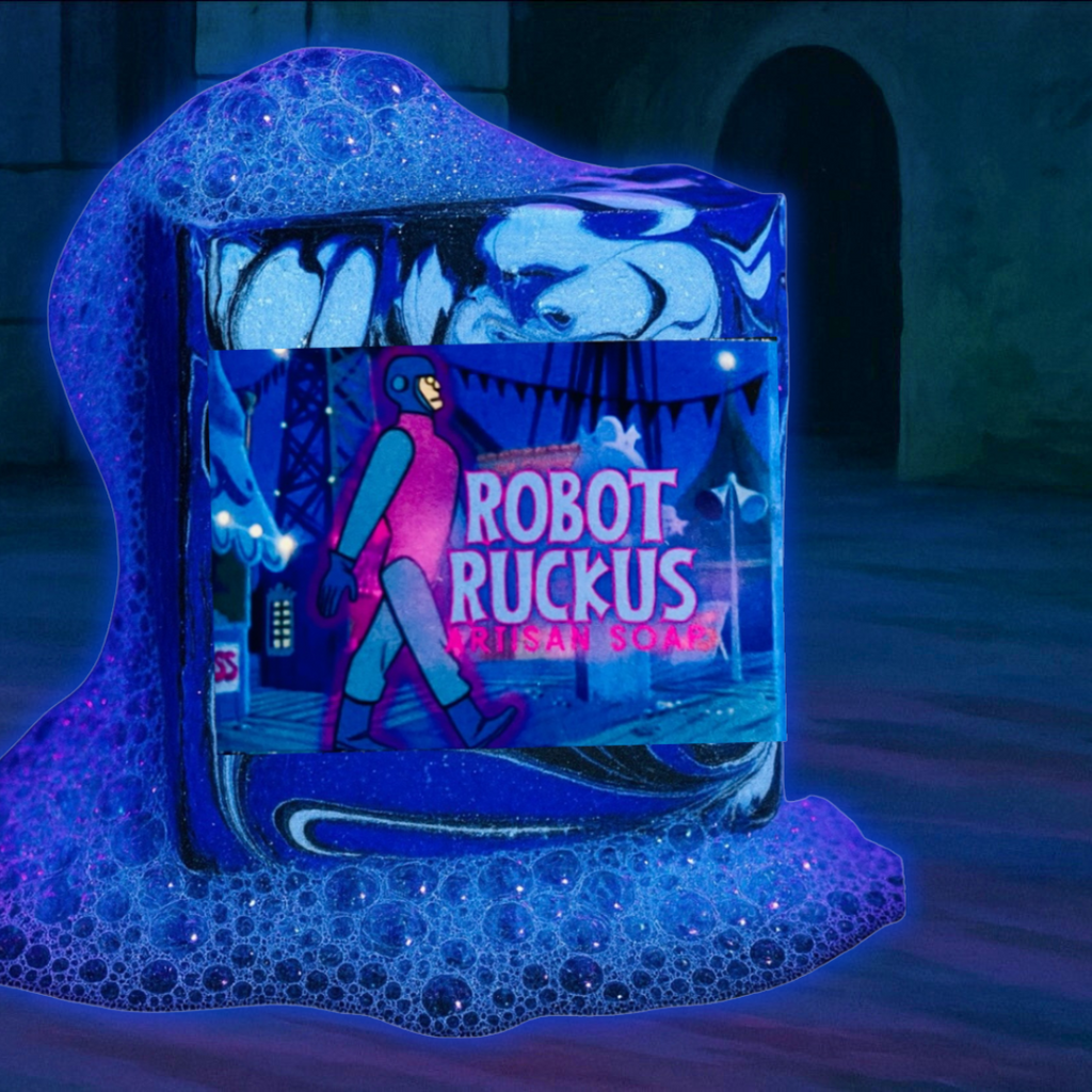 Neon robot-themed soap inspired by Scooby-Doo’s Charlie the Robot, glowing under blacklight with citrus scent.
