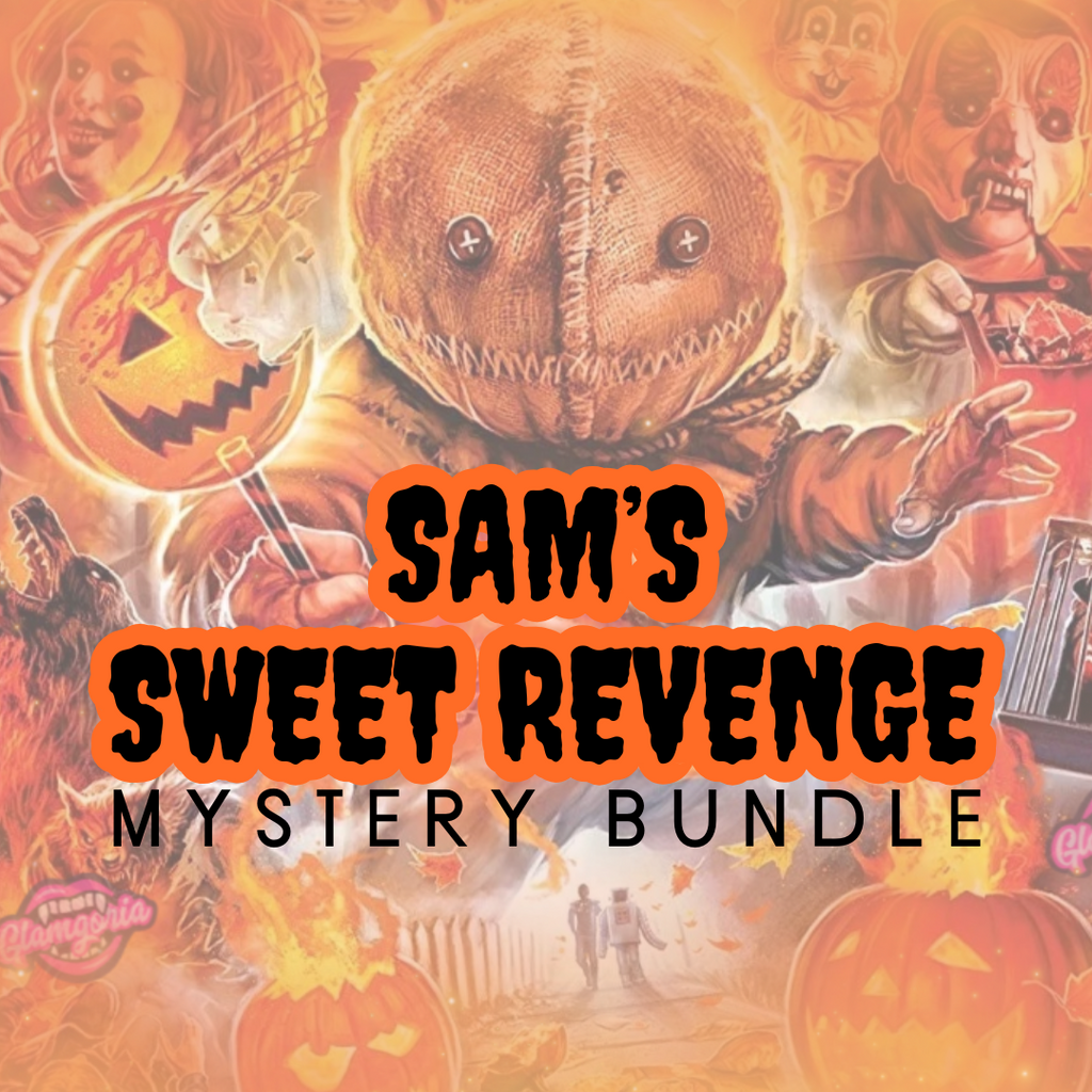 Stylized Trick ’r Treat artwork featuring Sam with glowing jack-o-lanterns and horror characters in the background. Bold text reads “Sam’s Sweet Revenge Mystery Bundle.”