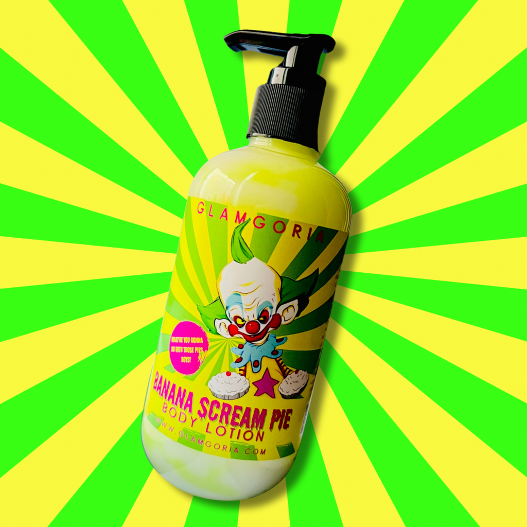Bottle of Banana Scream Pie lotion with cartoon clown design on a neon green and yellow circus background.