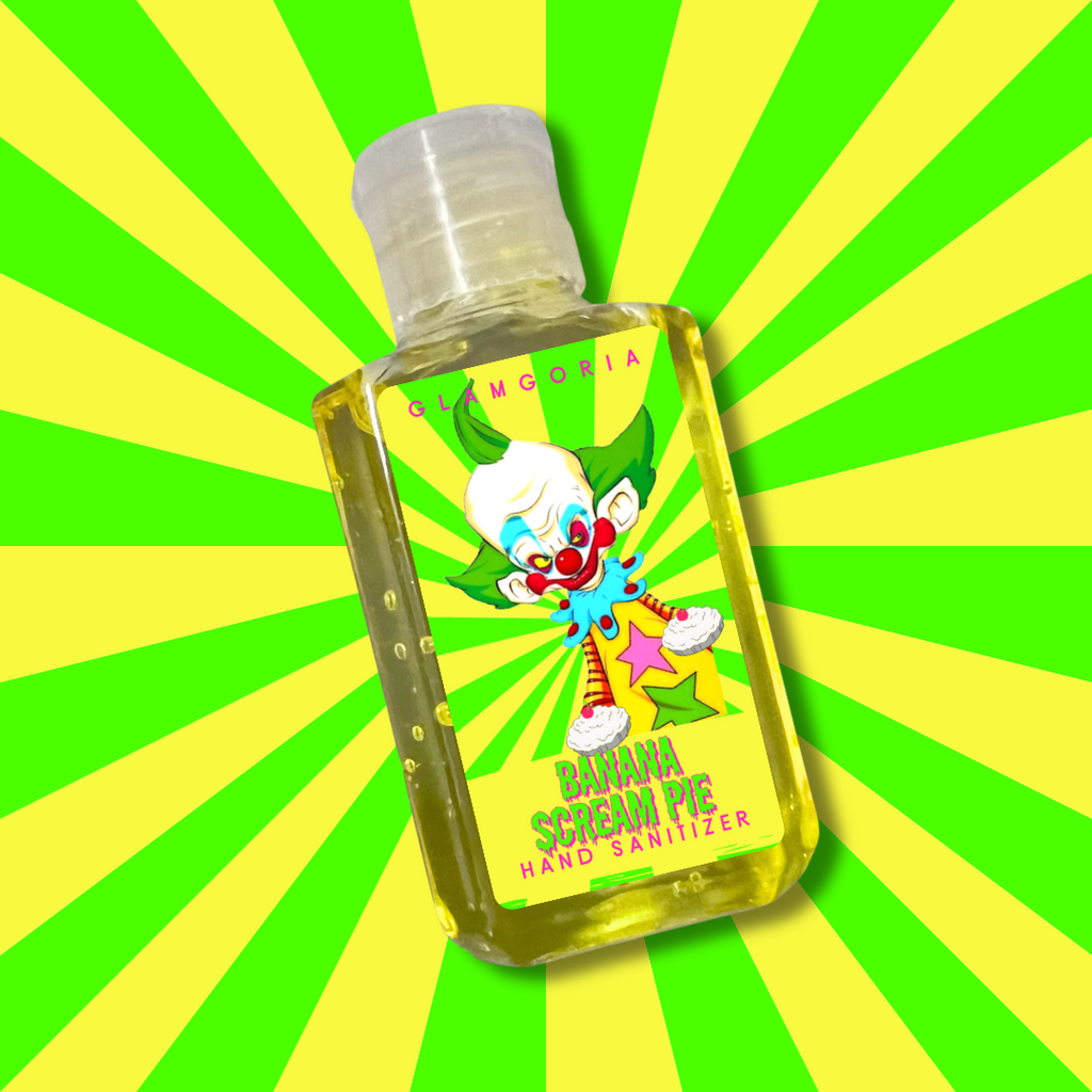 Bottle of Banana Scream Pie hand sanitizer featuring clown artwork and neon yellow liquid on a bright green and yellow background.