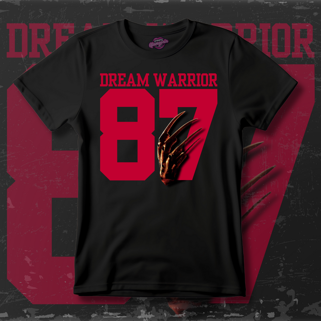 Black cotton T-shirt featuring Glamgoria’s original Dream Warrior ‘87 design inspired by Kincaid from A Nightmare on Elm Street 3: Dream Warriors.