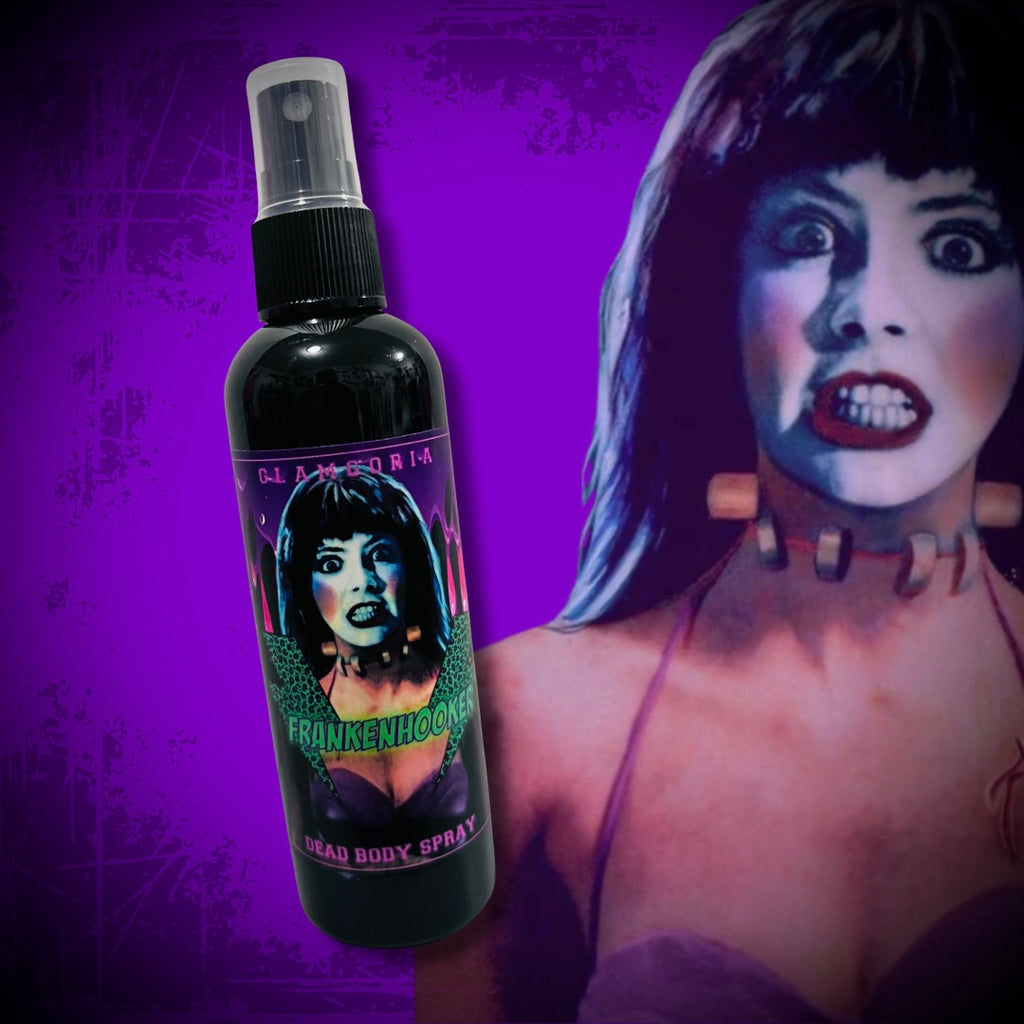 Bottle of Glamgoria’s Voltage Vixen Body Spray, scented like grape soda, with bright neon horror label art. Part of the Frankenhooker-inspired collection.