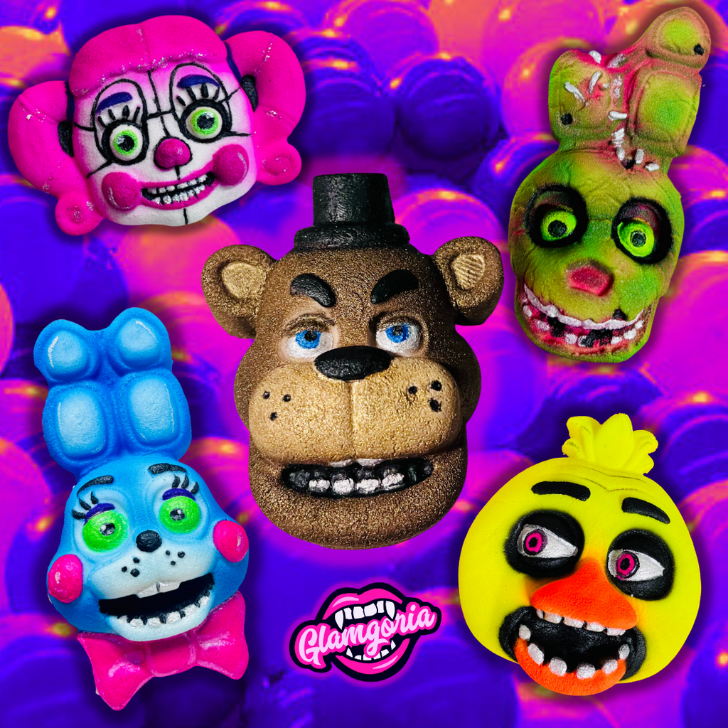 A neon-colored Five Nights at Freddy’s inspired bath bomb set featuring five detailed character-shaped bath bombs on a glowing purple background with the Glamgoria logo.
