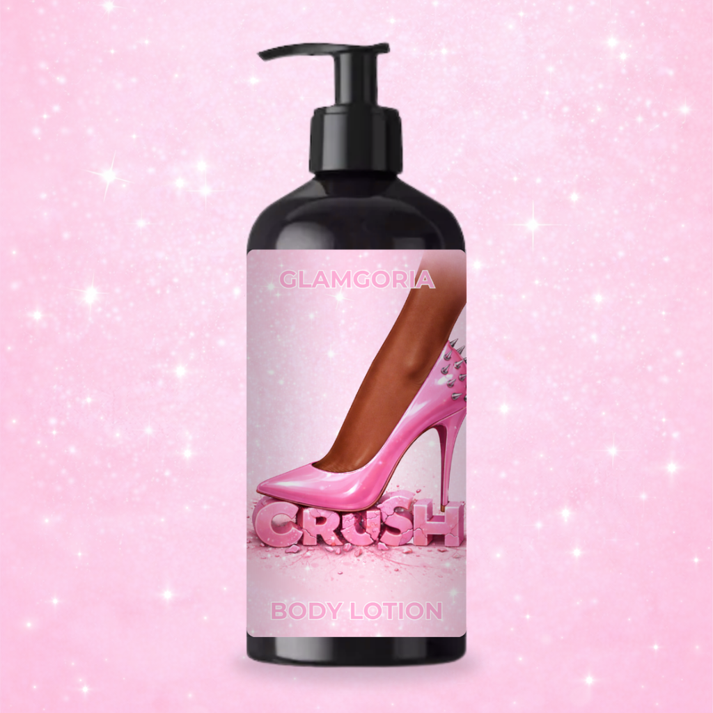 CRUSH body lotion in a black pump bottle featuring a pink label with a spiked high heel crushing the word “crush” on a glittery pink background.