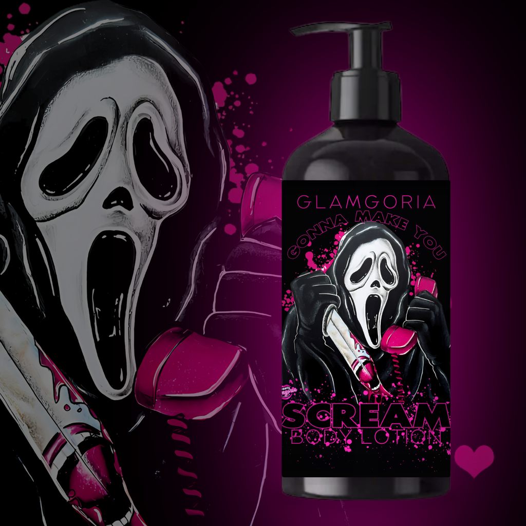 Black pump bottle of body lotion labeled “Gonna Make You Scream,” featuring pink splatter art and a ghostface-inspired character.
