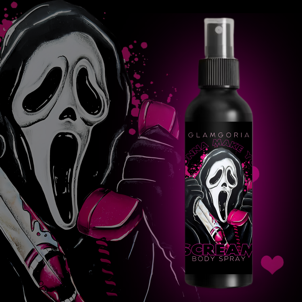 Black body spray bottle labeled “Gonna Make You Scream,” featuring a ghostface-inspired figure holding a pink phone on a dark pink background.

