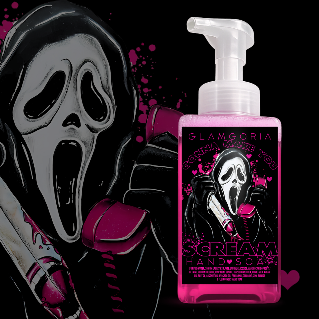 Clear foaming hand soap bottle filled with pink liquid and labeled “Gonna Make You Scream,” featuring a ghostface-inspired character holding a pink phone

