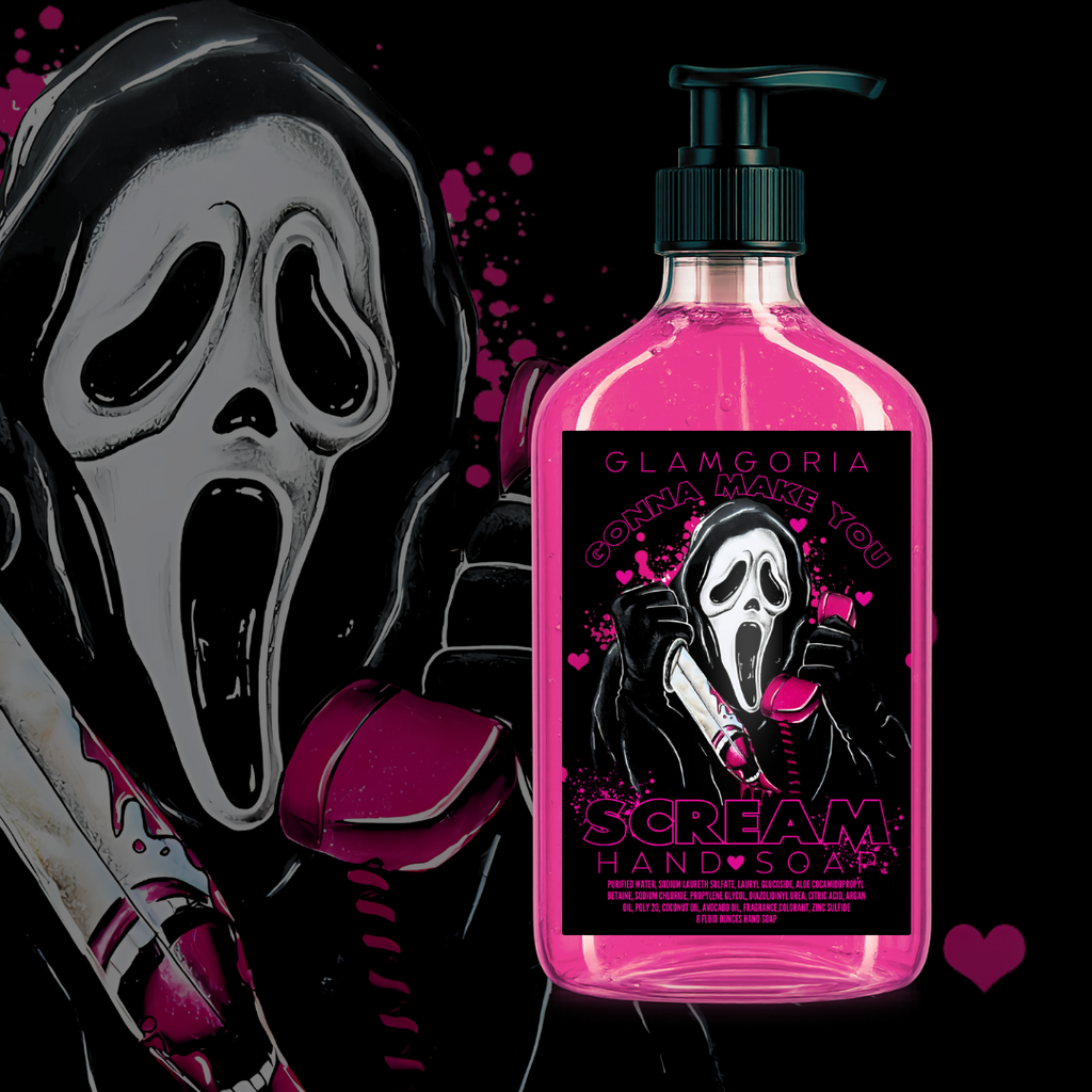 Pink gel hand soap in a clear pump bottle labeled “Gonna Make You Scream,” featuring a stylized ghostface-inspired character holding a pink phone and lipstick against a black background with hearts.
