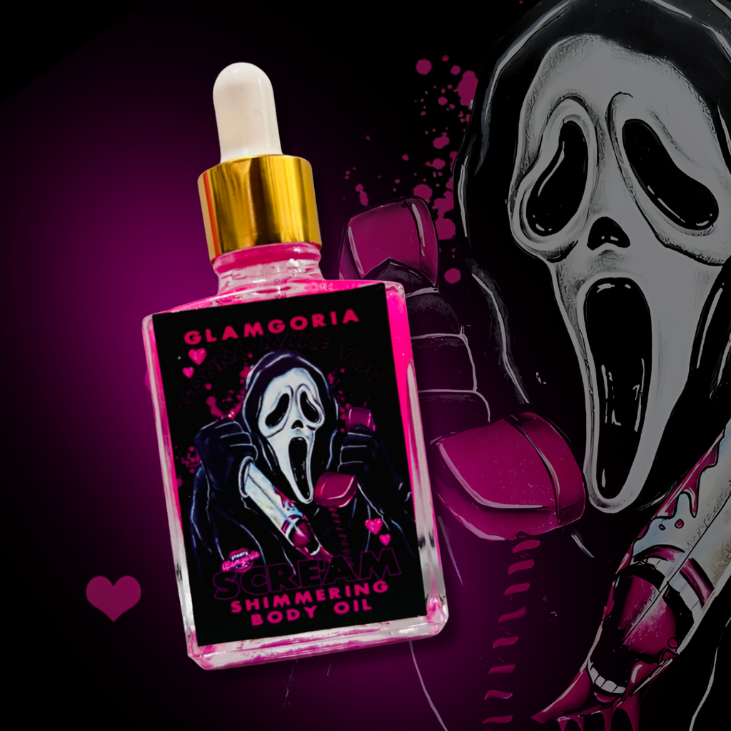 dropper bottle filled with pink shimmering liquid labeled “Gonna Make You Scream,” featuring a ghostface-inspired illustration.