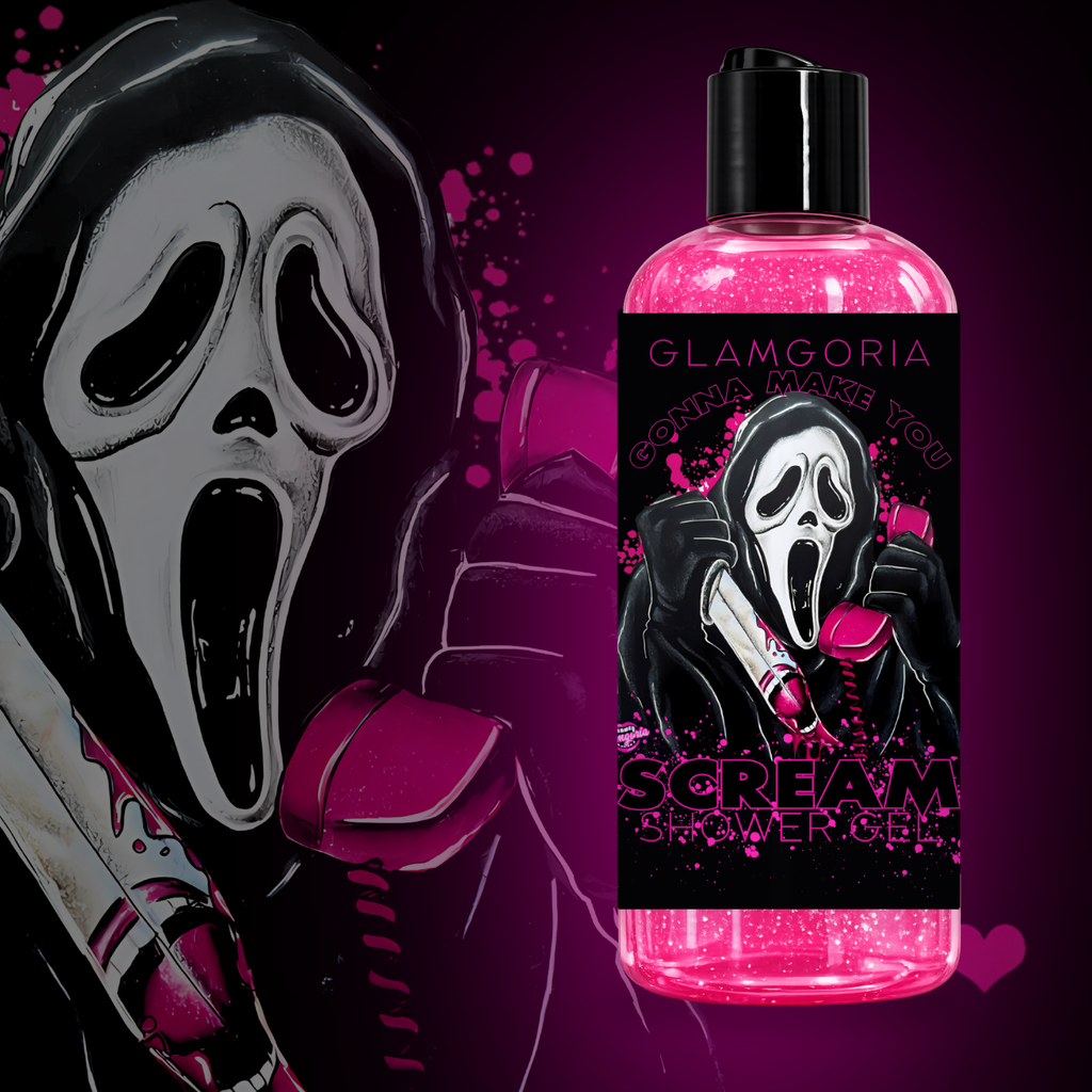 Clear bottle of bright pink shower gel labeled “Gonna Make You Scream,” featuring a ghostface-inspired character with pink accents.