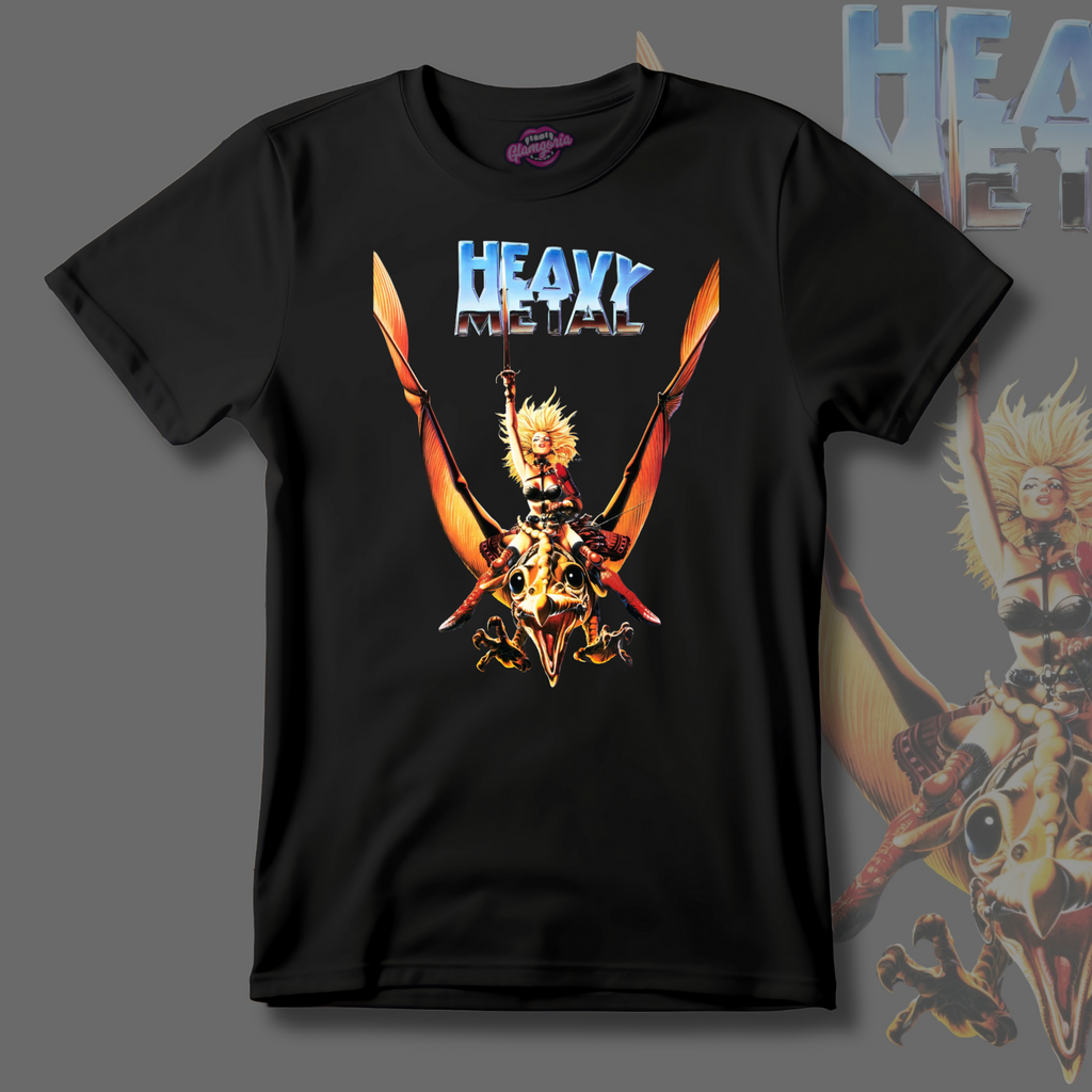 Black t-shirt featuring a large fantasy sword piercing through the sky, inspired by the cult animated sci-fi film Heavy Metal.
