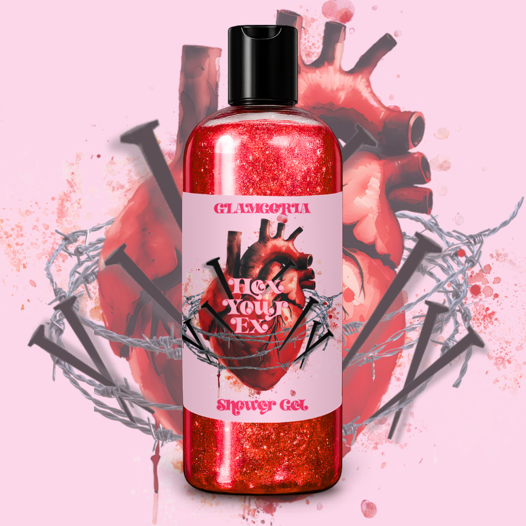 Red bottle of shower gel with a heart design on a pink background