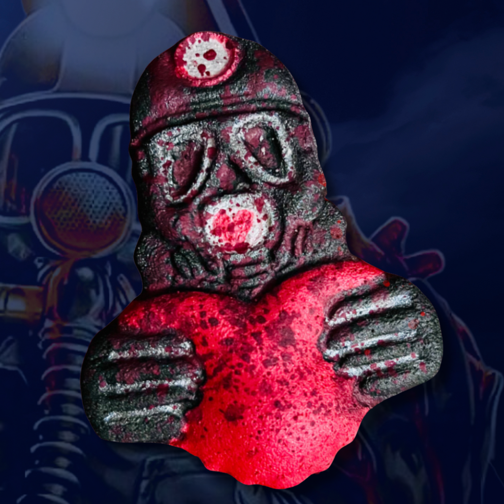 A miner-shaped bath bomb with a helmet and gas mask design, inspired by the horror film My Bloody Valentine.