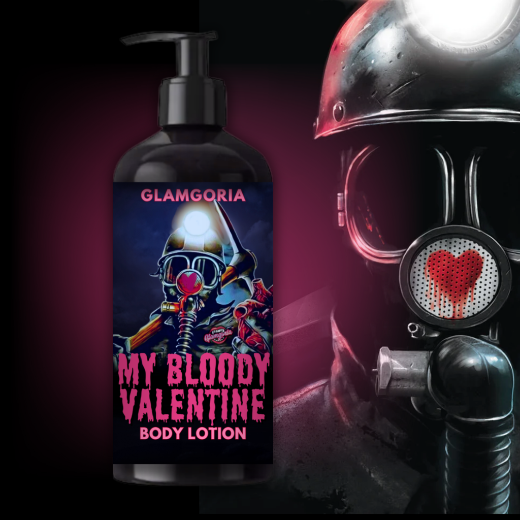 My Bloody Valentine body lotion in a black pump bottle with a dark label featuring a miner wearing a gas mask with a heart filter, inspired by the 1981 slasher film.