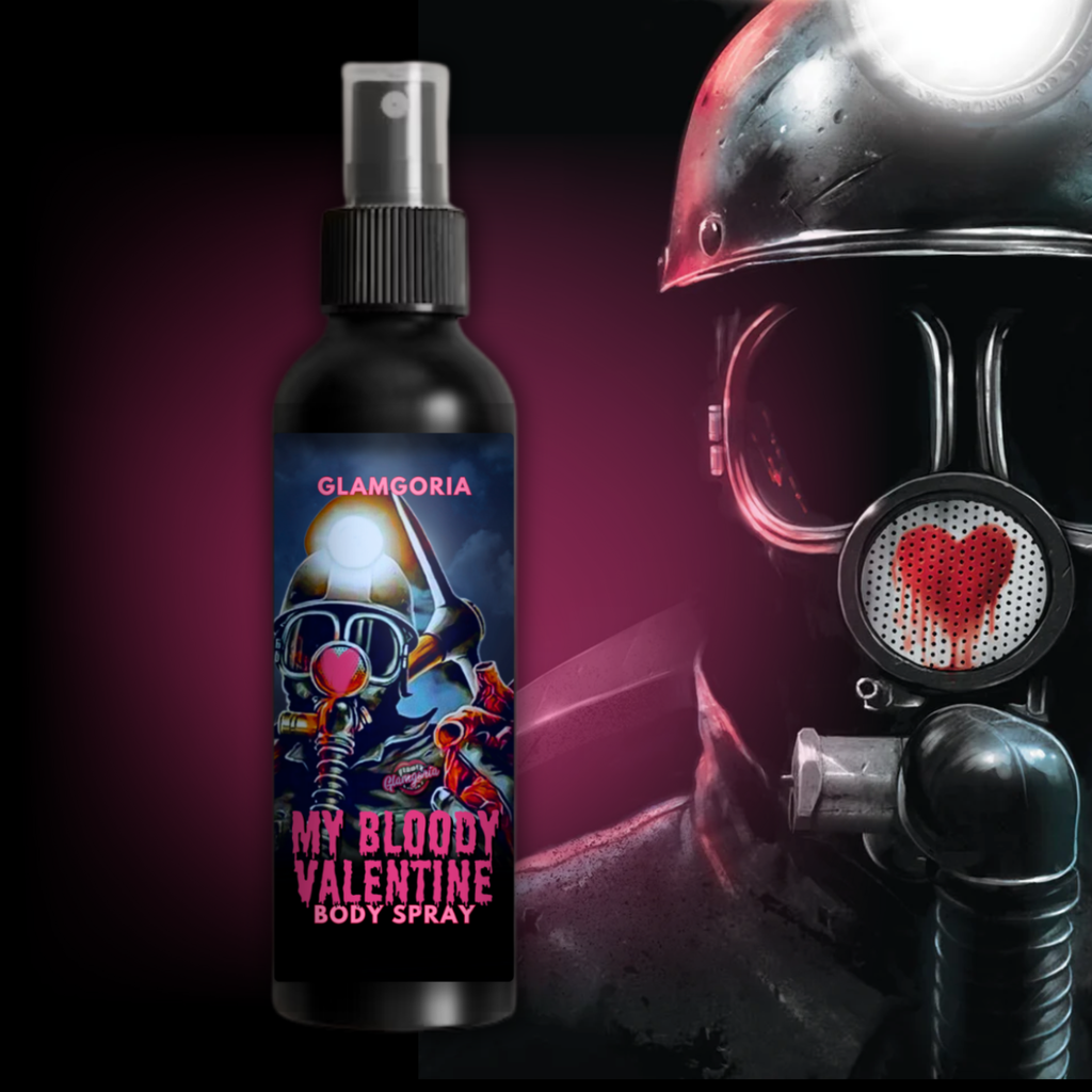 My Bloody Valentine body spray in a black bottle with a spray top, featuring artwork of a miner in a gas mask with a heart detail inspired by the 1981 horror film.