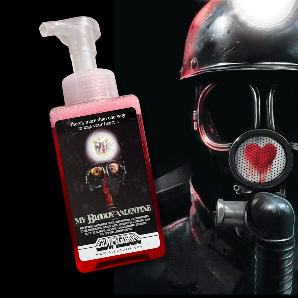 Foaming My Bloody Valentine hand soap in a clear pump bottle filled with red liquid, featuring a horror-inspired miner label.