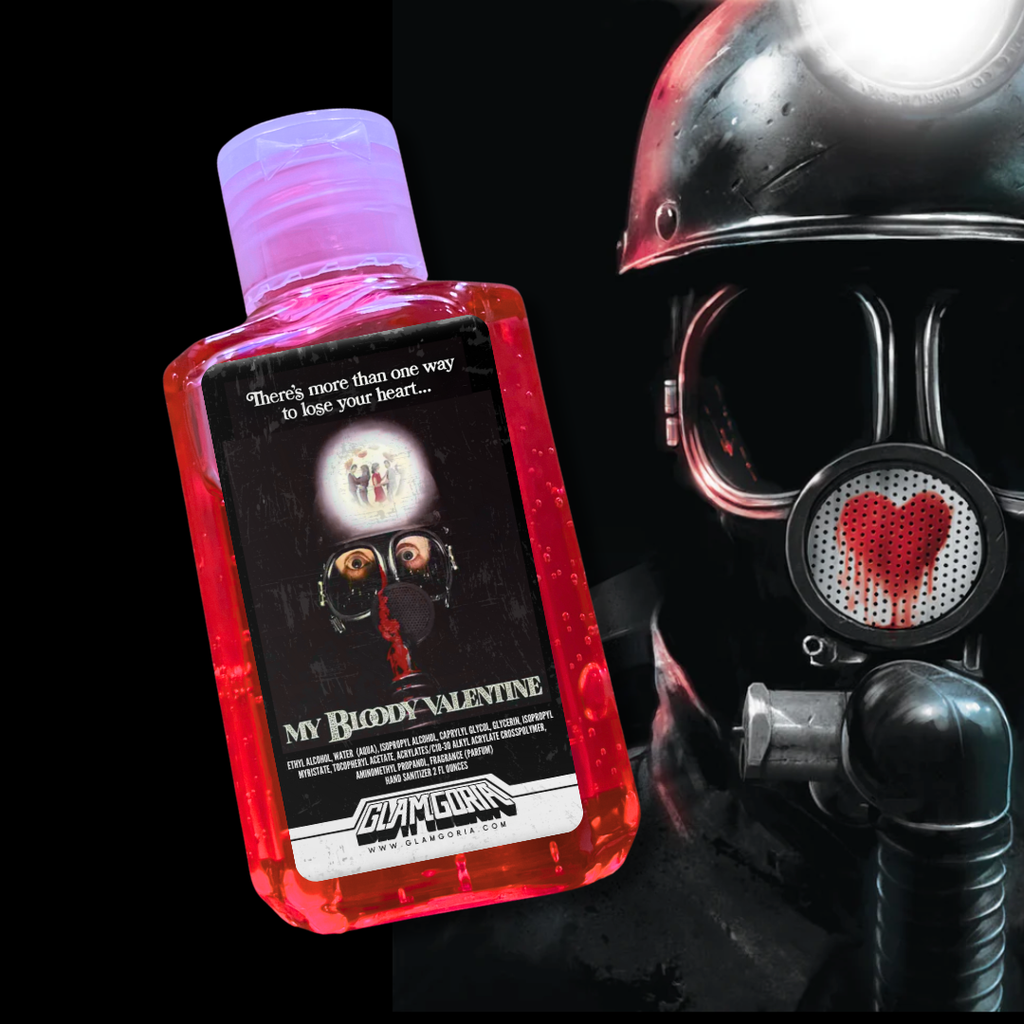 Red My Bloody Valentine hand sanitizer bottle with slasher film-inspired label featuring a miner wearing a gas mask.

